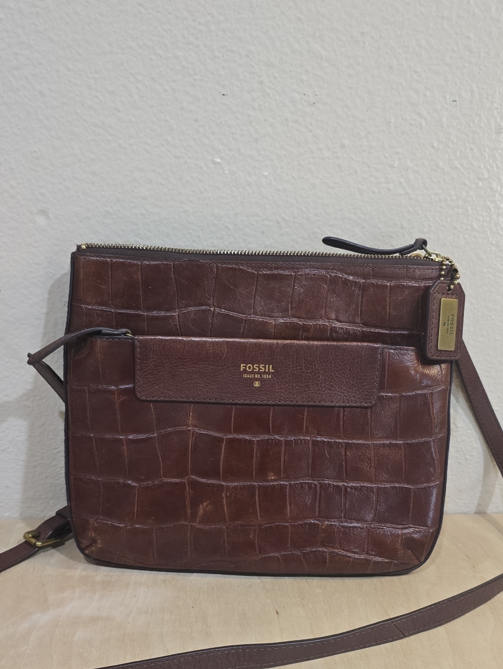 Fossil Dark Brown Croc-Embossed Leather Messenger Bag